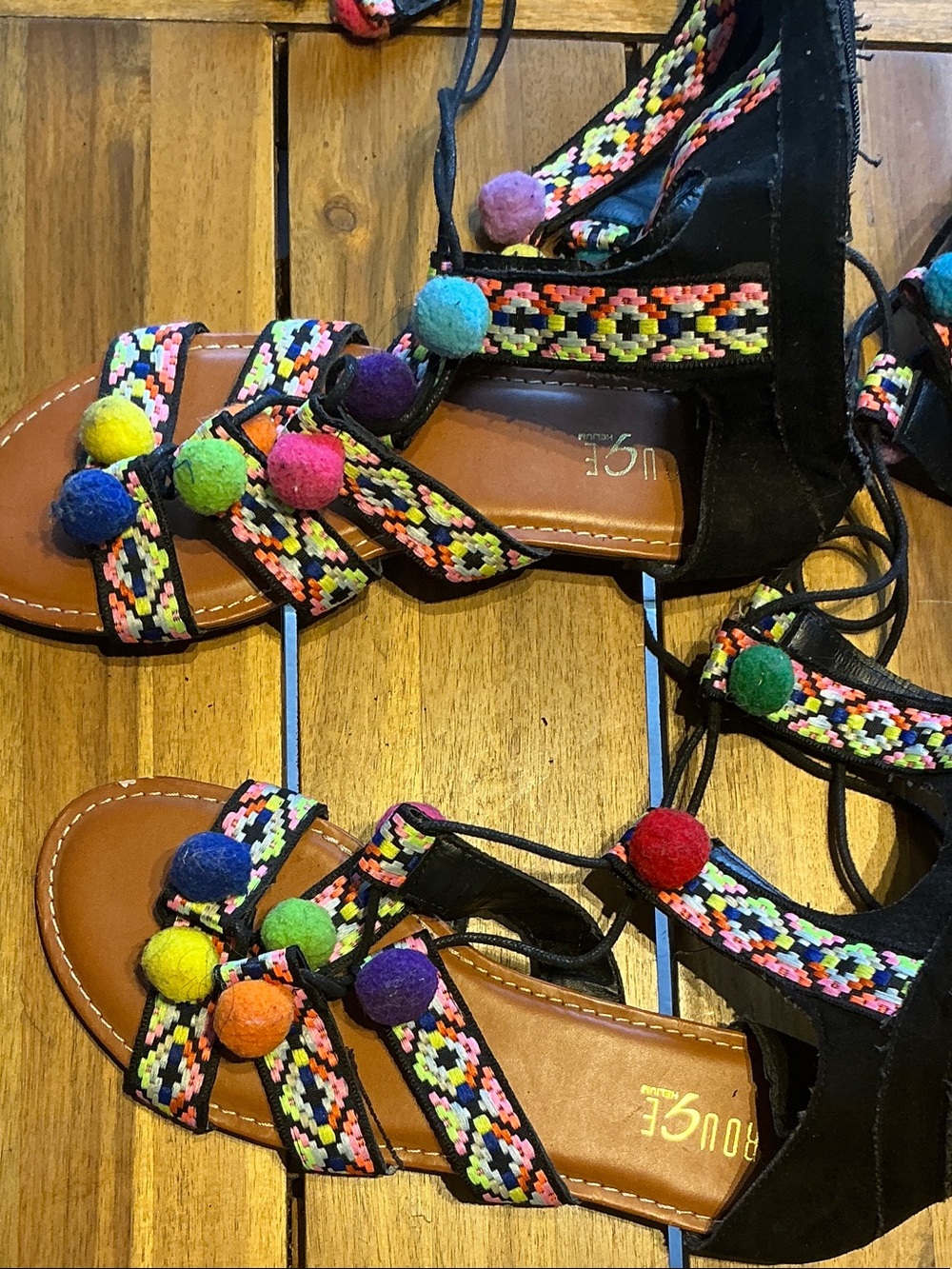 Colorful Pom Pom Gladiator Sandals - Women